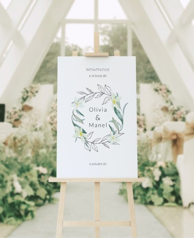Willkommensplakat für Hochzeiten Oliven- und Orangenblütenkollektion