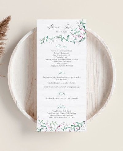 Botanical wedding menu ivy and natural heather