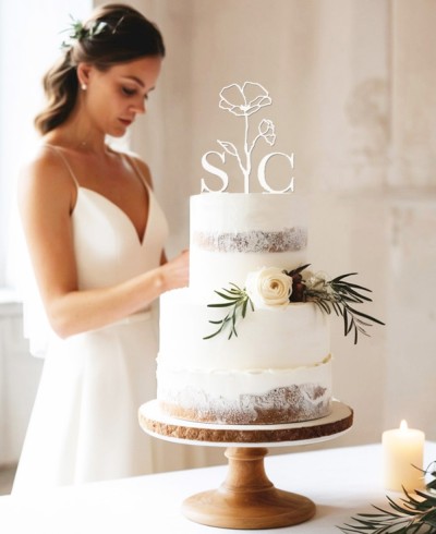 Vista general cake topper amapola personalizado con iniciales