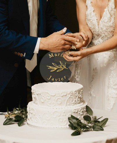 Vista general cake topper con nombres y rama de olivo