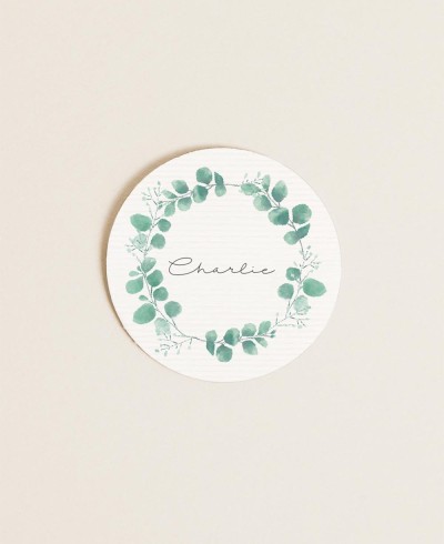 Runde Etiketten für Details zu botanischen Eukalyptustaufen