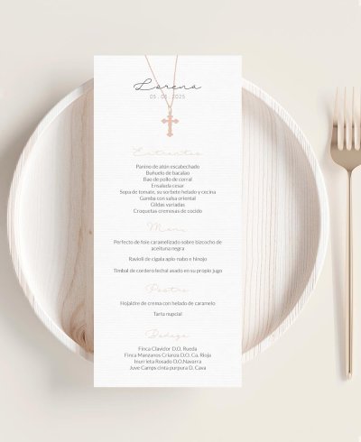 Menu de communion avec croix et fleurs