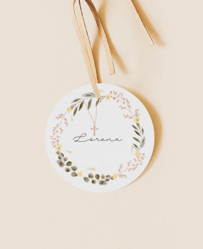 Rundes Etikett für Kommunion, Kreuz und Blumen