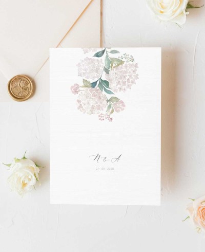 Invitación de boda hortensias rosas vertical