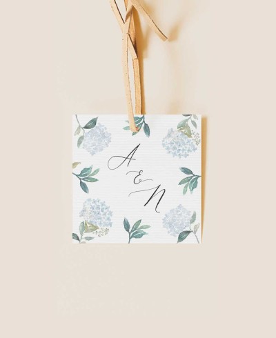 Etiqueta cuadrada para detalles de boda hortensias azules