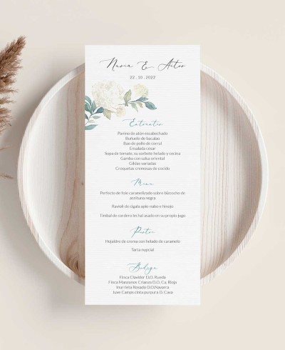 Menu di nozze Bouquet di ortensie bianche