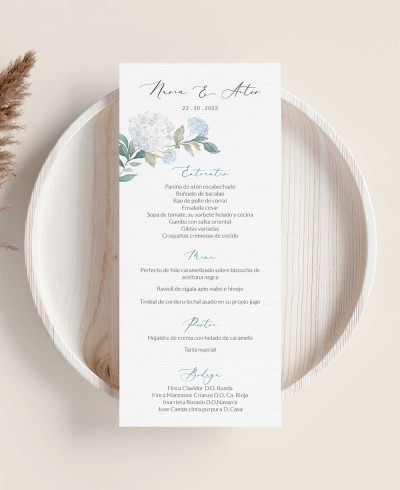 White Hydrangea Flower Wedding Menu