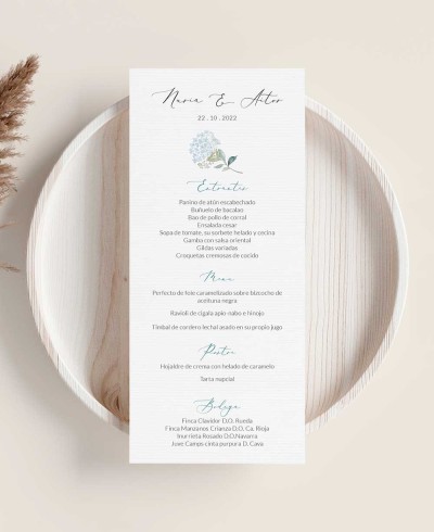 Blue Hydrangea Flower Wedding Menu